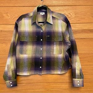 Wrangler plaid purple pearl snap button front shacket